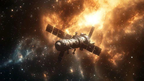 Satellite orbits dense star field before bright nebula glow