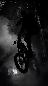 Silhouetted cyclist in midair amid smoke and night lighting.