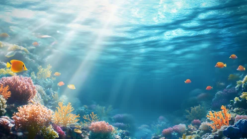 Sunlit coral reef scene with tropical fish in clear water.