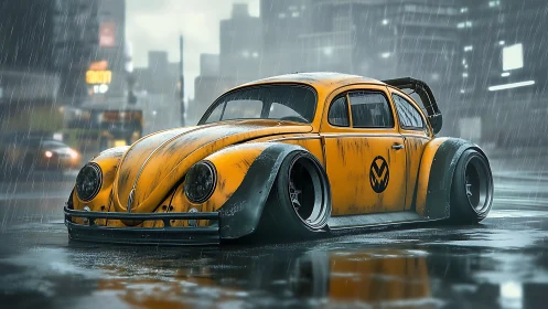Retro yellow beetle cruising through a rain soaked city street.