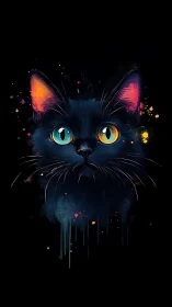 Black Cat Portrait with Neon Accents and Dripping Effects