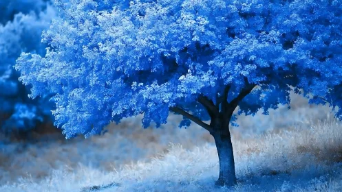 Single blue tree in a stylized meadow landscape scene.