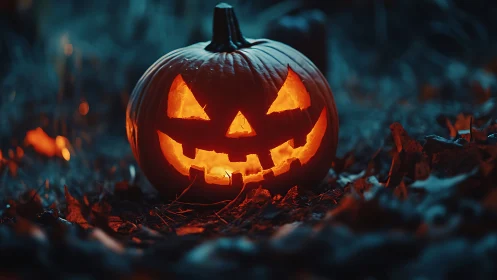 Glowing jack o lantern illuminates dark autumn forest floor