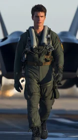 Fighter pilot strides from jet in golden hour runway lighting