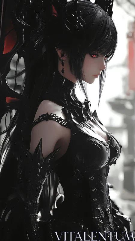 Gothic cyber-fantasy dark elf in biomechanical black armor