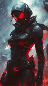 Cybernetic stealth operative in red-lit exosuit environment.