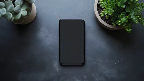 Blank Smartphone Screen Centered on Dark Concrete Desktop