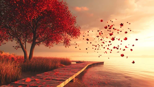 Autumn Serenity by Glowing Lakeside. Digital landscape art.