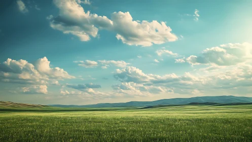 Wide-angle pastoral plain under cumulus cloud-streaked sky