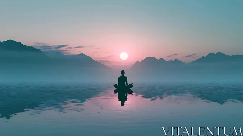 Solitary dawn meditation over glassy mistlit waterscape.