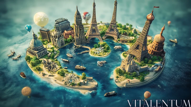 Miniature island of iconic world landmarks glows in dreamy light