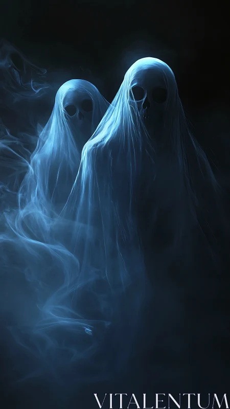 Two ghostly skull figures emerge from blue swirling smoke
