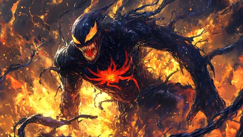 Dark symbiotic monster emerging from blazing firestorm