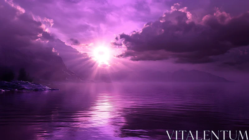 Violet sunburst over reflective mountain lake horizon.