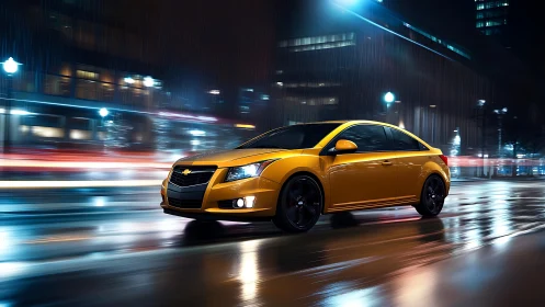 Golden city sedan glides confidently through rainy night streets