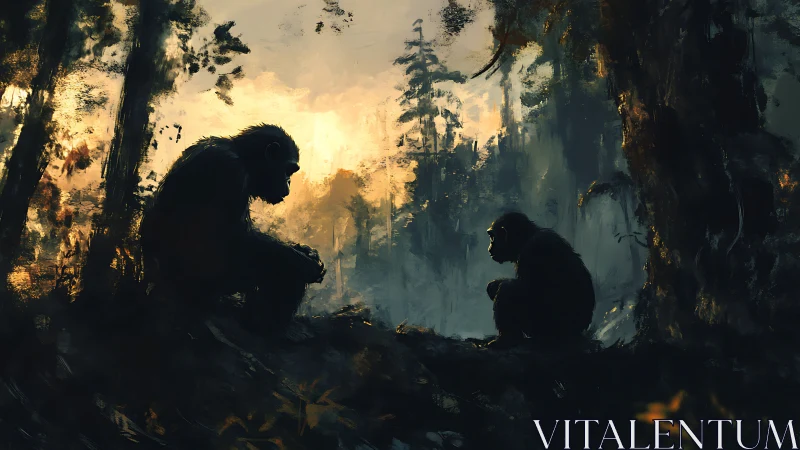 Silhouetted primates in forest clearing at diffuse sunset light.