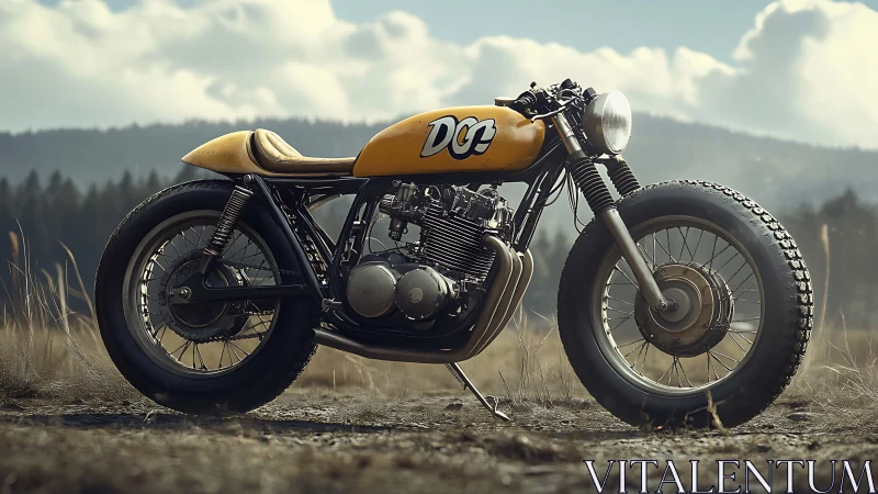 Custom yellow cafe racer motorcycle in open field landscape.
