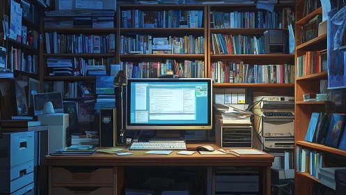 Midnight coder’s study nest glows between towering bookshelves.