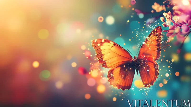 Glowing orange butterfly hovers amid luminous bokeh lights