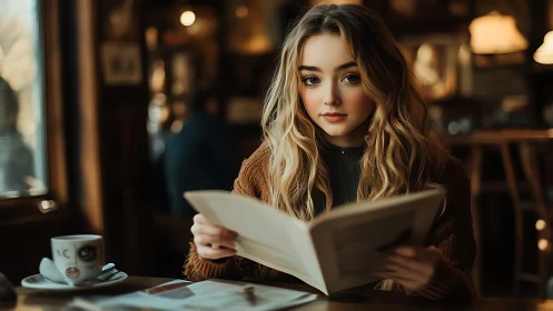 Shallow depth portrait of woman reading in warm café lighting