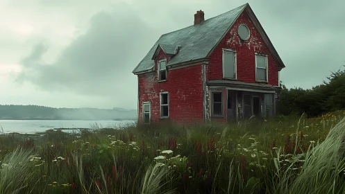 Abandoned Farmhouse Overlooking Silent Water.