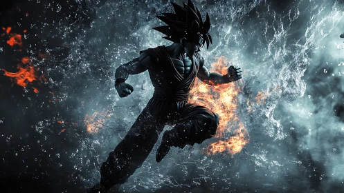 Warrior silhouette sprints through exploding water and flame
