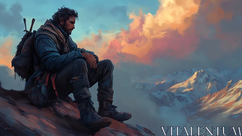 Solitary mountain trekker rests above glowing sunset peaks