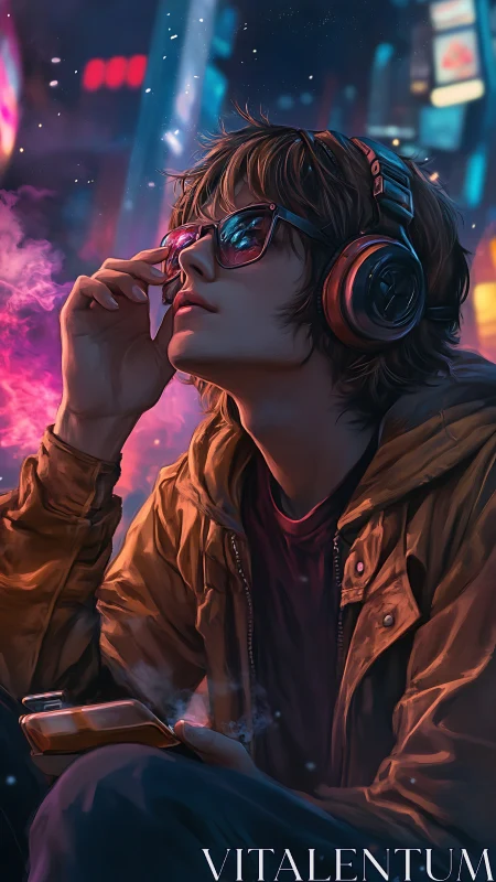 Neon night listener soaking in city lights and music calm.