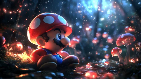 Mushroom-suited character in luminous fantasy forest environment.