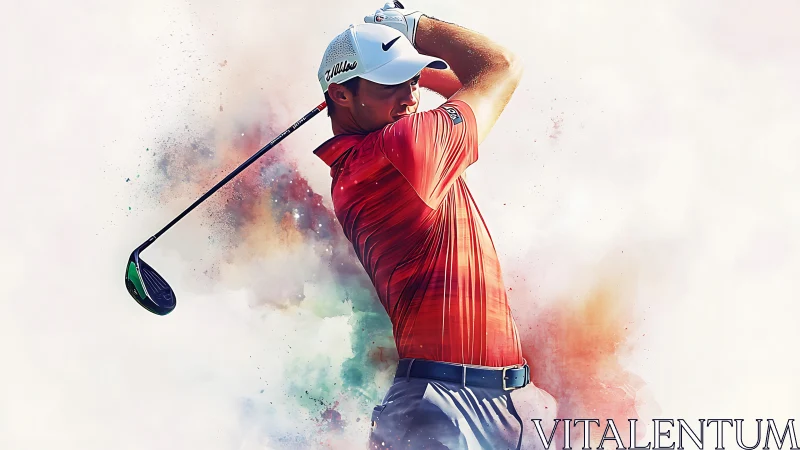 Dynamic golfer completes a powerful swing in vibrant color haze