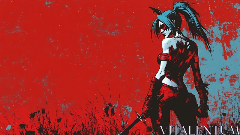 Blade-bearing antiheroine stands defiant in scarlet chaos