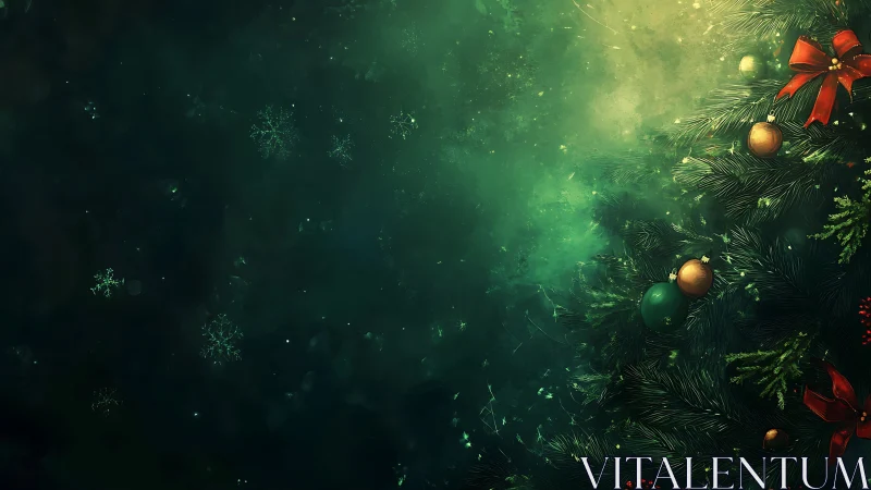 Gentle glow of holiday pine branches and bright ornaments.