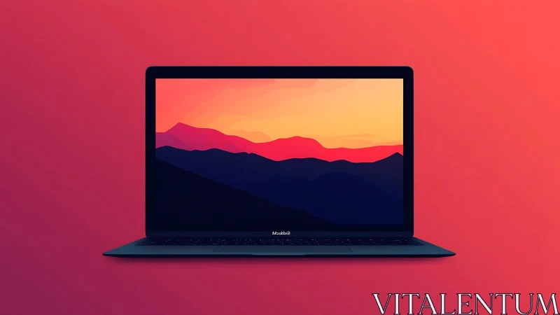 Laptop with stylized sunset landscape on gradient backdrop.