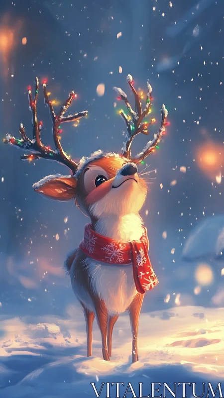 Snowlit baby reindeer admiring glowing Christmas antlers.