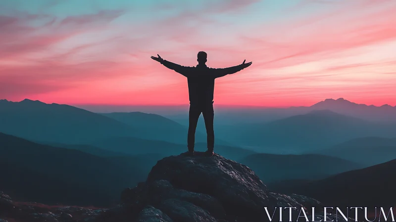 Silhouette on summit against gradient sunset sky, wide format.