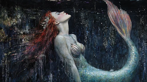 Textured underwater mermaid profile with iridescent scaled tail