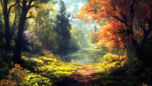 Autumn Forest Pathway with Riparian Canopy and Golden Luminescence