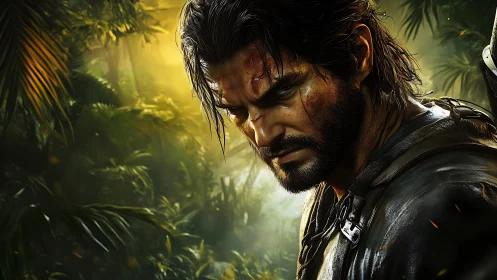 Battle-worn jungle survivor stands strong in golden light