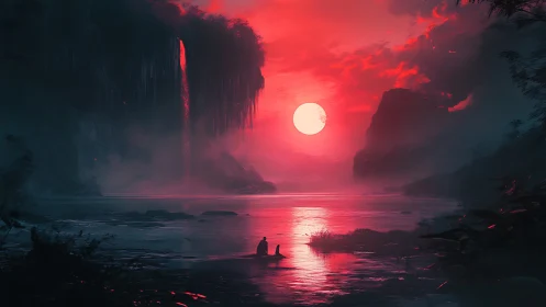 Crimson moonrise over mistfall lake and silent watcher.