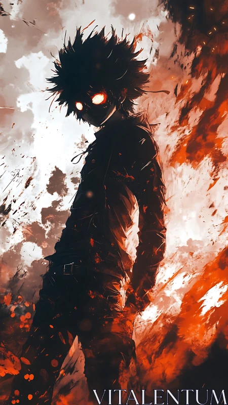 Fiery-eyed silhouetted antihero in explosive inferno backdrop.
