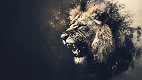 Roaring lion portrait with dynamic particle dispersion effect.