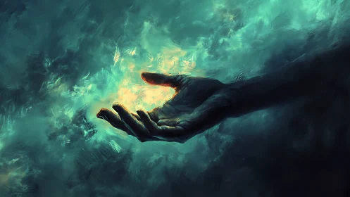 Starlit hand cradling emberfire in swirling teal cosmos.