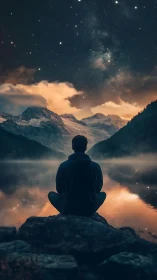 Man meditates by a misty lake under a glowing starry sky