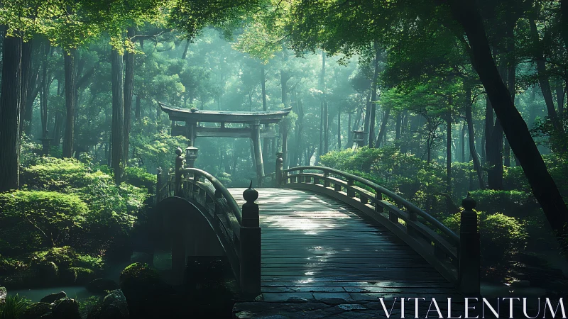 Curved wooden bridge to torii gate in misty green forest.