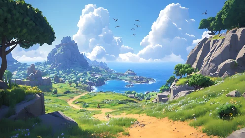 Traversing Verdant Valleys: Digital Fantasy Landscape Composition.