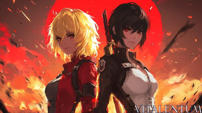 Fiery anime warriors standing strong in a blazing sunset.