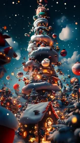 Towering snow village tree glows with festive winter lights