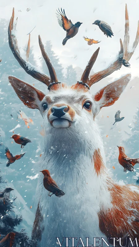 Majestic winter stag stands calm amid swirling songbirds