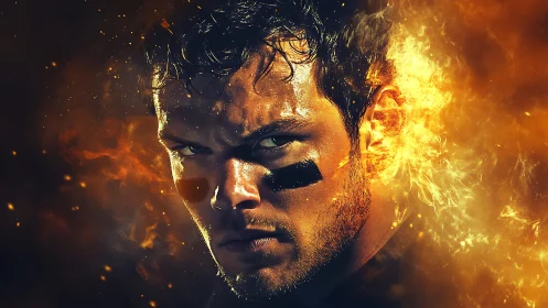 Fiery athlete portrait burns with fierce competitive focus.
