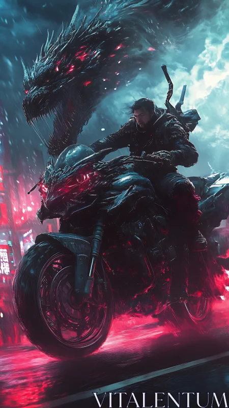 Cyber rider outruns shadow dragon through neon storm.